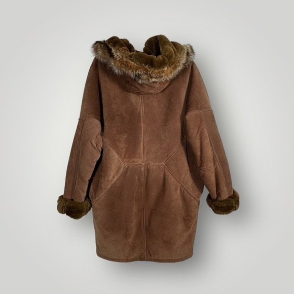 Marvin Richards Genuine Leather Suede Fur Trimmed Hooded Winter Coat Medium - Picture 3 of 8